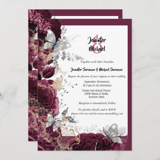 Burgunder Rose Silberschmetterling Goldspritze Hoc Einladung (Vorne/Hinten)