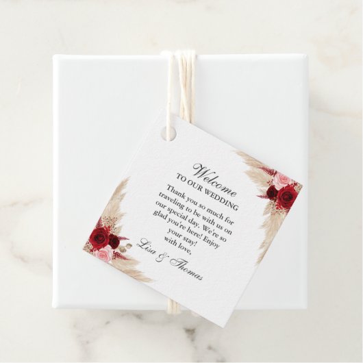 Burgunder Rose und Pampas Grass Wedding Willkommen Geschenkanhänger (Beispiel)