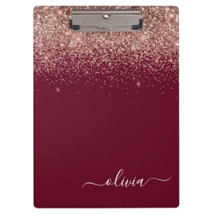 Burgunder-Roségold-Blush-Pink-Glitzer-Monogramm Klemmbrett