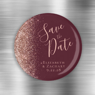 Burgunder-Roségold-Glitter-Schriftart Save-the-Dat Magnet