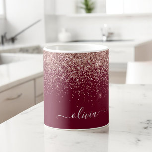 Burgunder-Roségold-Rouge Glitter-Monogramm Jumbo-Tasse
