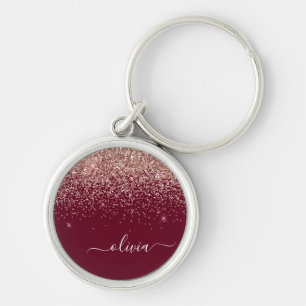 Burgunder-Roségold-Rouge Glitter-Monogramm Schlüsselanhänger
