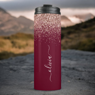 Burgunder-Roségold-Rouge Glitter-Monogramm Thermosbecher