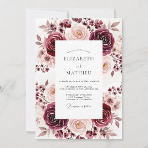 Burgunder-Rosen-Blütenromanze-Hochzeit Einladung