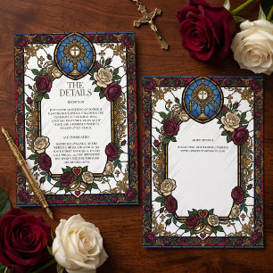 Burgunder-Rosen-Buntglas-Katholische-Hochzeit Begleitkarte