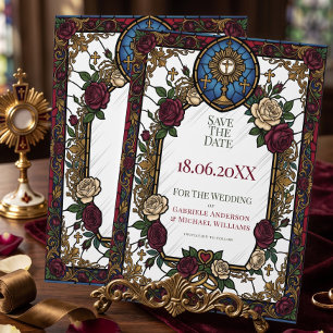 Burgunder-Rosen-Buntglas-Katholische-Hochzeit-Einl Save The Date