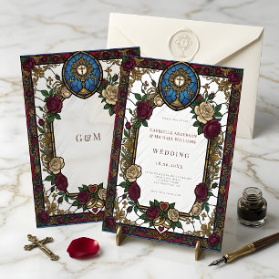 Burgunder-Rosen-Buntglas-Katholische Hochzeit Einladung