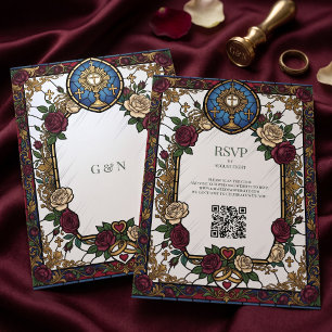Burgunder-Rosen-Buntglas-Katholische-Hochzeit Save RSVP Karte