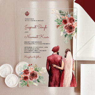 Burgunder Rosen Florale Indische Punjabi Sikh Hoch Acryleinladungen