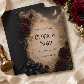 Burgunder-Rosen-Gothic-Mond-Hochzeit Terminankündi Einladung