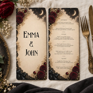 Burgunder-Rosen-Gotik-Mond-Hochzeitsmenü Menükarte