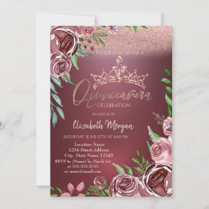 Burgunder Rosen, Kronen Bokeh Quinceañera Einladung