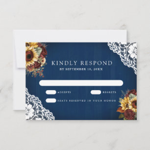 Burgunder Rosen Sonnenblume Marineblau Spitze Hoch RSVP Karte