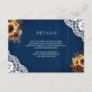 Burgunder-Rosen-Sonnenblume-Navy-Spitze-Hochzeitsd Begleitkarte