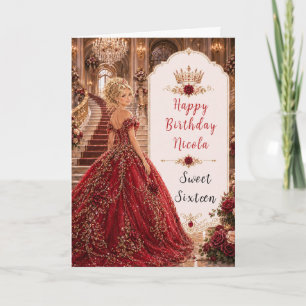 Burgunder-Rosen-Sweet-16-Prinzessin-Goldkrone Karte