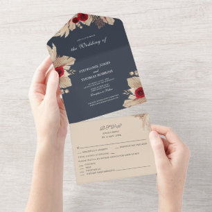 Burgunder Rosen und Pampasgras Hochzeit All In One Einladung