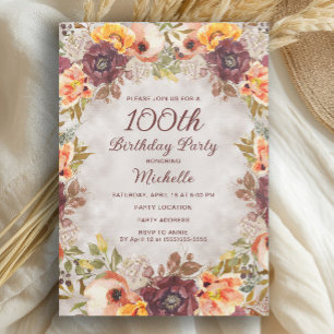 Burgunder-Rost-Orange-Blumen zum 100. Geburtstag d Einladung
