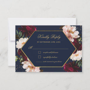 Burgunder-Rot-Blush-Navy-Blumen-Hochzeits-RSVP Einladung