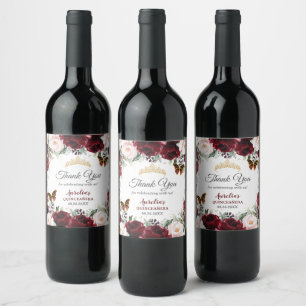 Burgunder-Rot Florale Quinceañera Schmetterlinge G Weinetikett