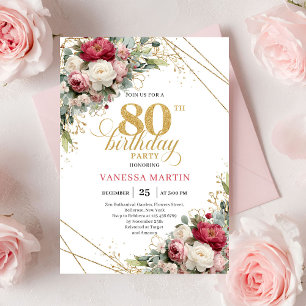 Burgunder-Rot-Hochzeit-Blumen-elegante 80. Geburts Einladung