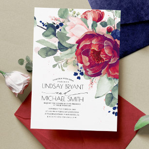 Burgunder-Rot-Navyblau-Blumen-Elegante Hochzeit Einladung