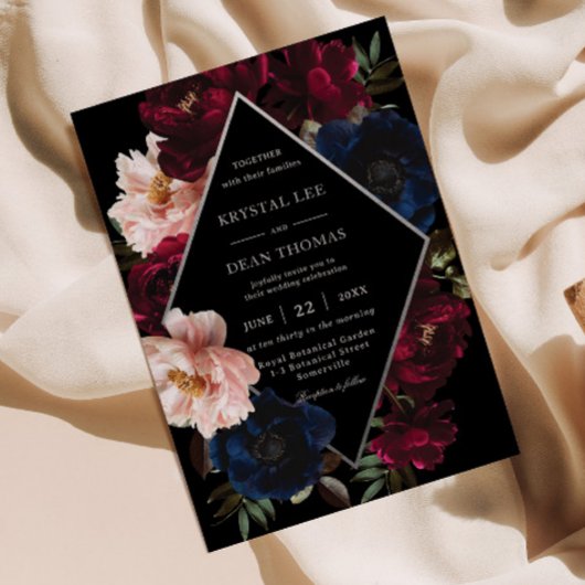 Burgunder-Rot Schwarz Navy Floral Silber Hochzeit Einladung