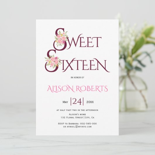 Burgunder, rote Typografie, Rosen in Rosa, 16 . Ge Einladung (Stehend Vorderseite)