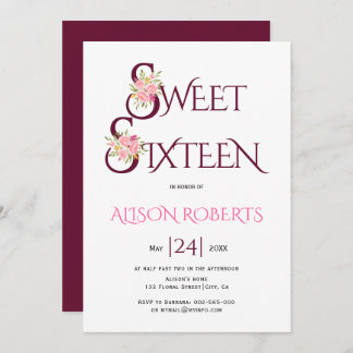 Burgunder, rote Typografie, Rosen in Rosa, 16 . Ge Einladung