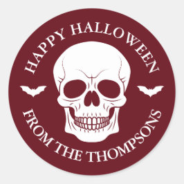 Burgunder, roter Schädel und Fledermäuse mit TextH Runder Aufkleber