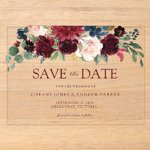 Burgunder Rotwein Floral Save the Date Acryleinladungen