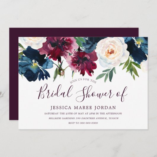 Burgunder Rotwein und Navy Brautparty Einladung (Vorne/Hinten)