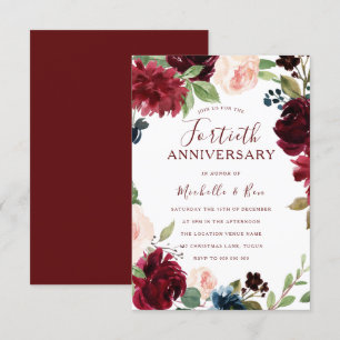 Burgunder Rubinrot Floral 40. Hochzeitstag Einladung