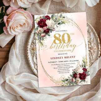 Burgunder-Rustikal-Boho-Blumen-Einladung zum 80. G Einladung