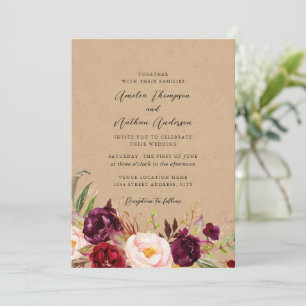 Burgunder-Rustikale-Botanische-Blumen-Hochzeit Einladung