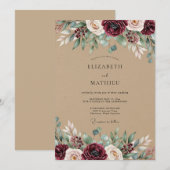 Burgunder-Rustikale Botanische Hochzeit Einladung (Vorne/Hinten)