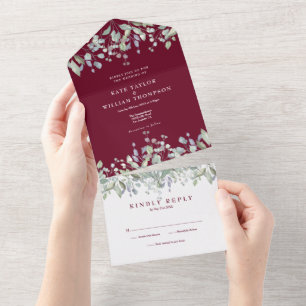 Burgunder Salbei und Flieder Florales Monogramm Ho All In One Einladung