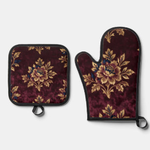 Burgunder Samt-Pfingstrose Goldstickerei Blumenmus Ofenhandschuh & Topflappen-Set