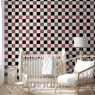 Burgunder Schwarz Creme Kariert Gingham Retro Tapete
