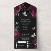 Burgunder Schwarz-Silber-Rose elegante Schmetterli All In One Einladung (Innen)
