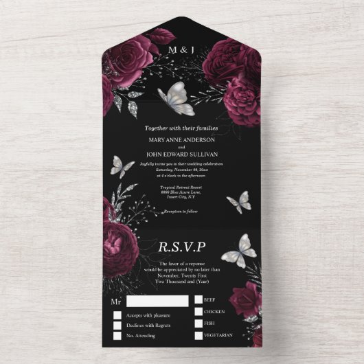 Burgunder Schwarz-Silber-Rose elegante Schmetterli All In One Einladung (Innen)