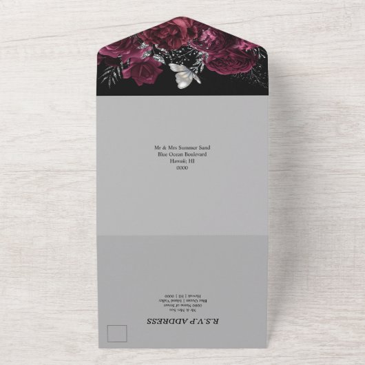 Burgunder Schwarz-Silber-Rose elegante Schmetterli All In One Einladung (Außenbereich)