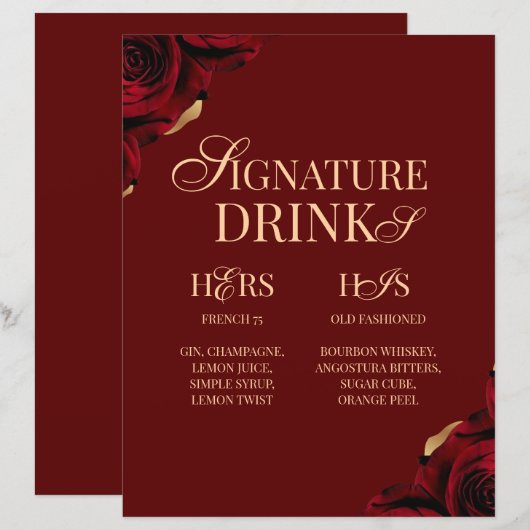 Burgunder Signature Drink Hochzeitsbar Schild (Vorne/Hinten)