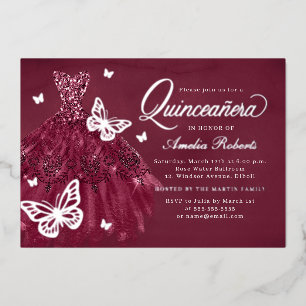 Burgunder Silber Schmetterling Kleid Quinceanera Folieneinladung