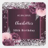Burgunder Silberflorchen Geburtstag Quadratischer Aufkleber (Vorderseite)
