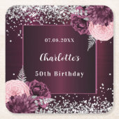Burgunder Silberflorchen Geburtstag Rechteckiger Pappuntersetzer (Vorderseite)
