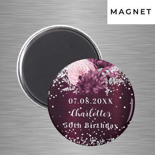Burgunder Silberflorchen Geburtstag Save the Date Magnet