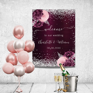 Burgunder silberne rosa Blumen Willkommen Hochzeit Poster