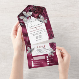 Burgunder Silberschmetterling-Rose All In One Einladung