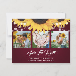 Burgunder-Sonnenblumen-Blumen-Lace 3 Foto-Hochzeit Save The Date