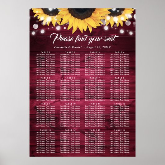 Burgunder-Sonnenblumen-Hochzeitstischplan 16 Poste Poster (Vorne)